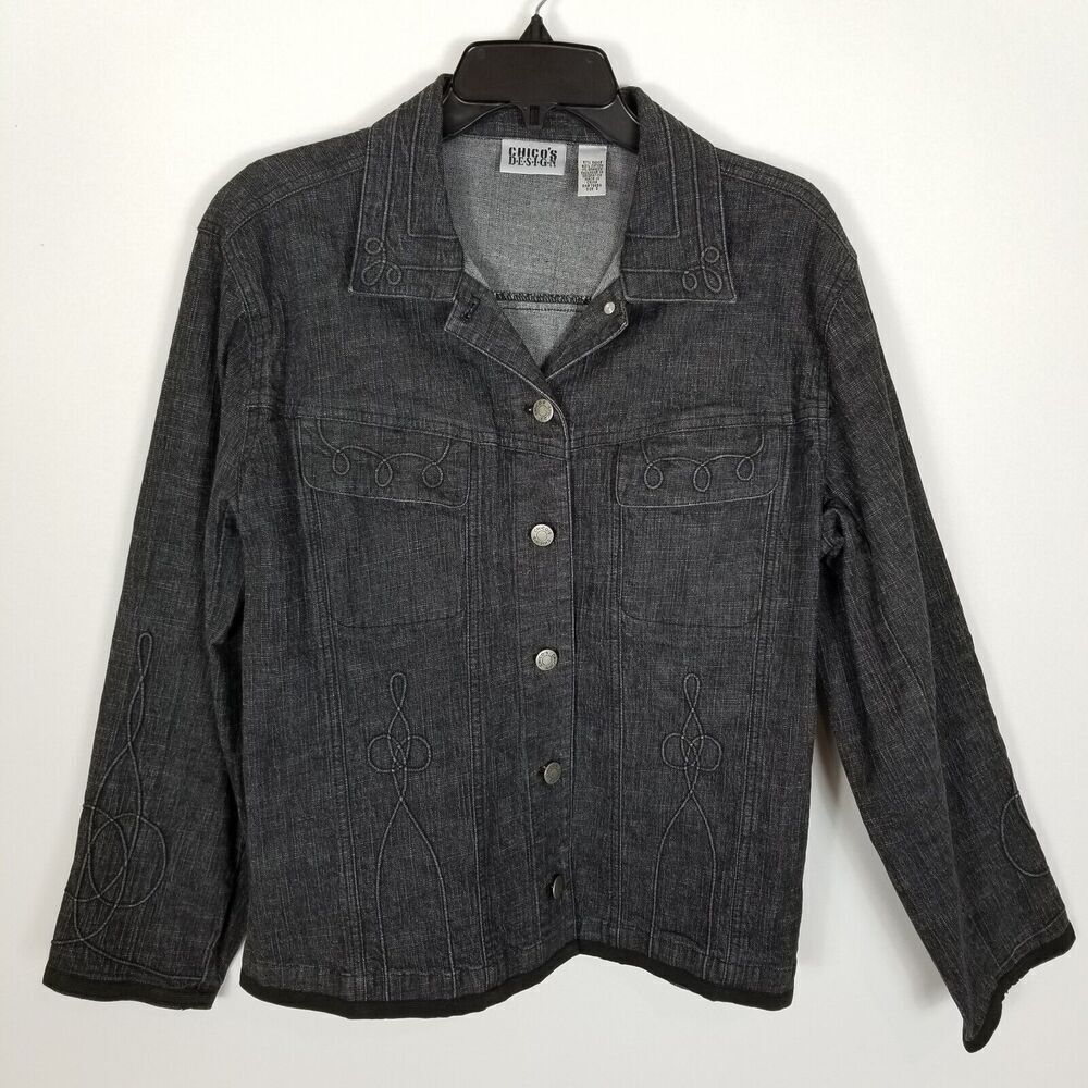 Chico's Women Denim‎ Embellished Jacket size 2 US L Black Cotton Blend Button Up